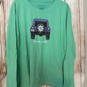 Life Is Good Womens Long-Sleeve Tee in Mint Green with Jeep Graphic